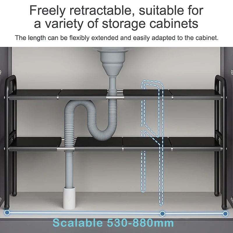 Under Sink Expandable Storage Rack - Adjustable Multi-Tier Cabinet Organizer (Black / White)