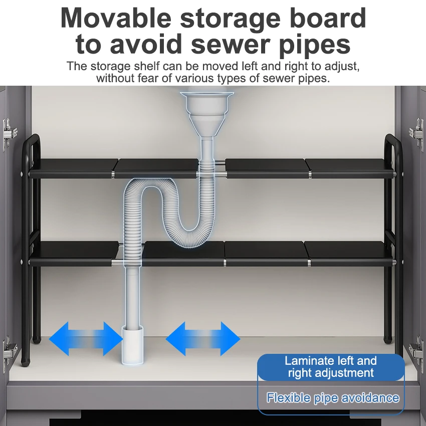 Under Sink Expandable Storage Rack - Adjustable Multi-Tier Cabinet Organizer (Black / White)