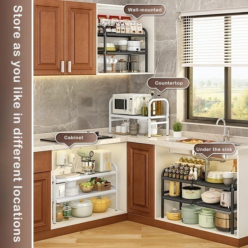 Under Sink Expandable Storage Rack - Adjustable Multi-Tier Cabinet Organizer (Black / White)