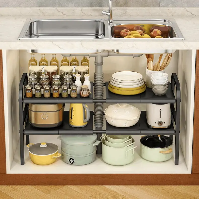 Under Sink Expandable Storage Rack - Adjustable Multi-Tier Cabinet Organizer (Black / White)
