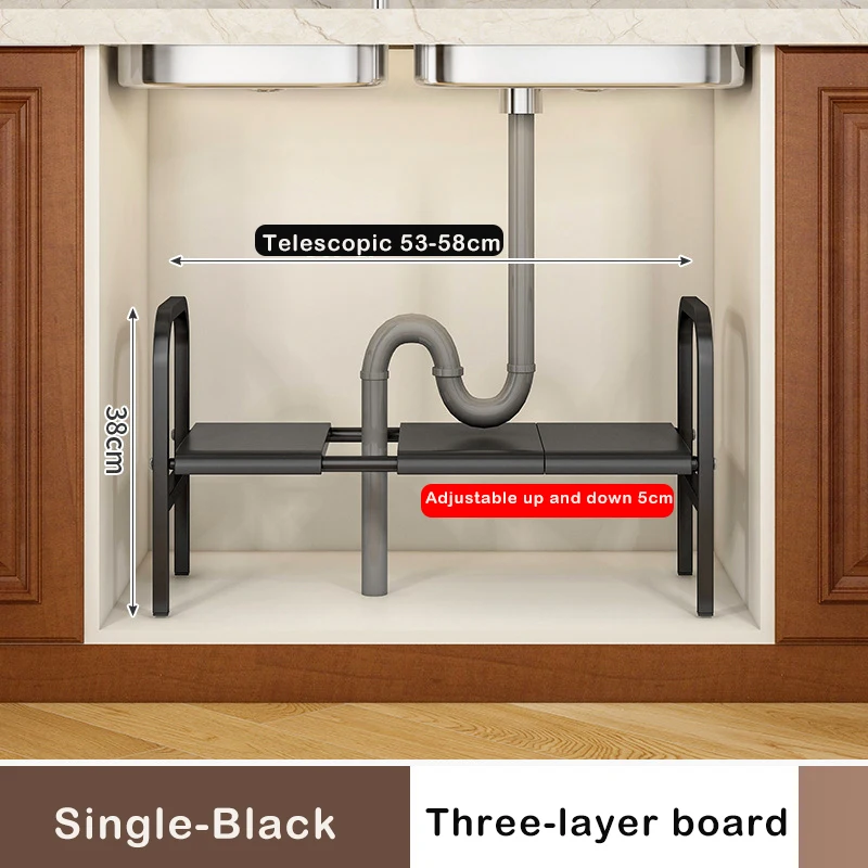 Under Sink Expandable Storage Rack - Adjustable Multi-Tier Cabinet Organizer (Black / White)