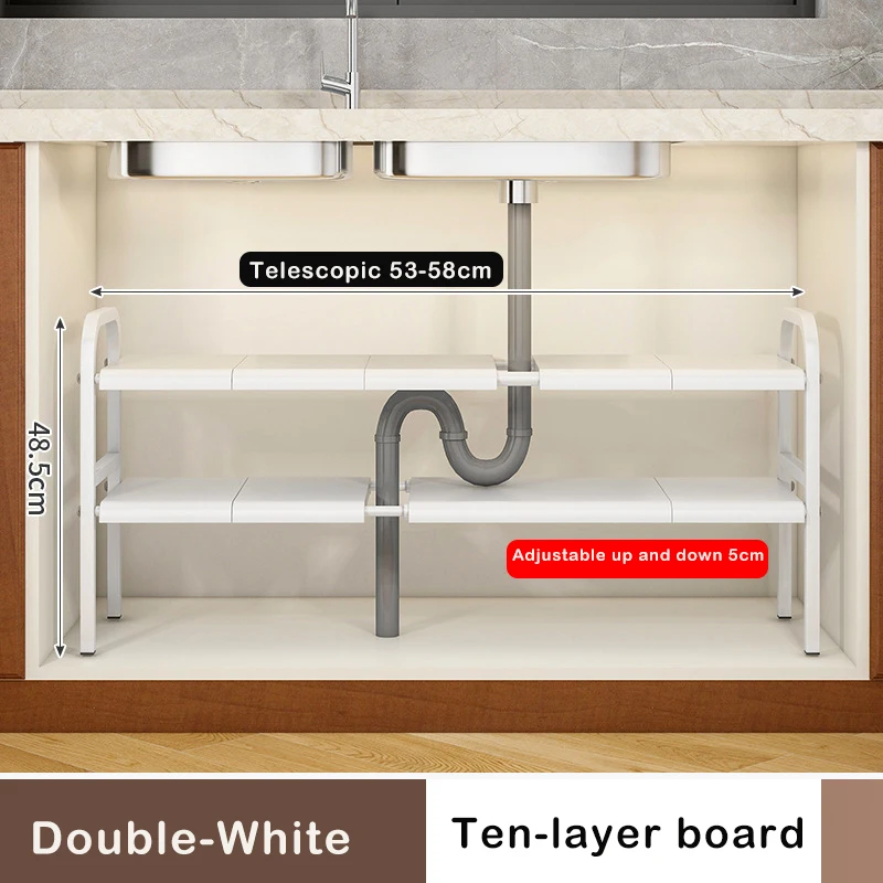 Under Sink Expandable Storage Rack - Adjustable Multi-Tier Cabinet Organizer (Black / White)