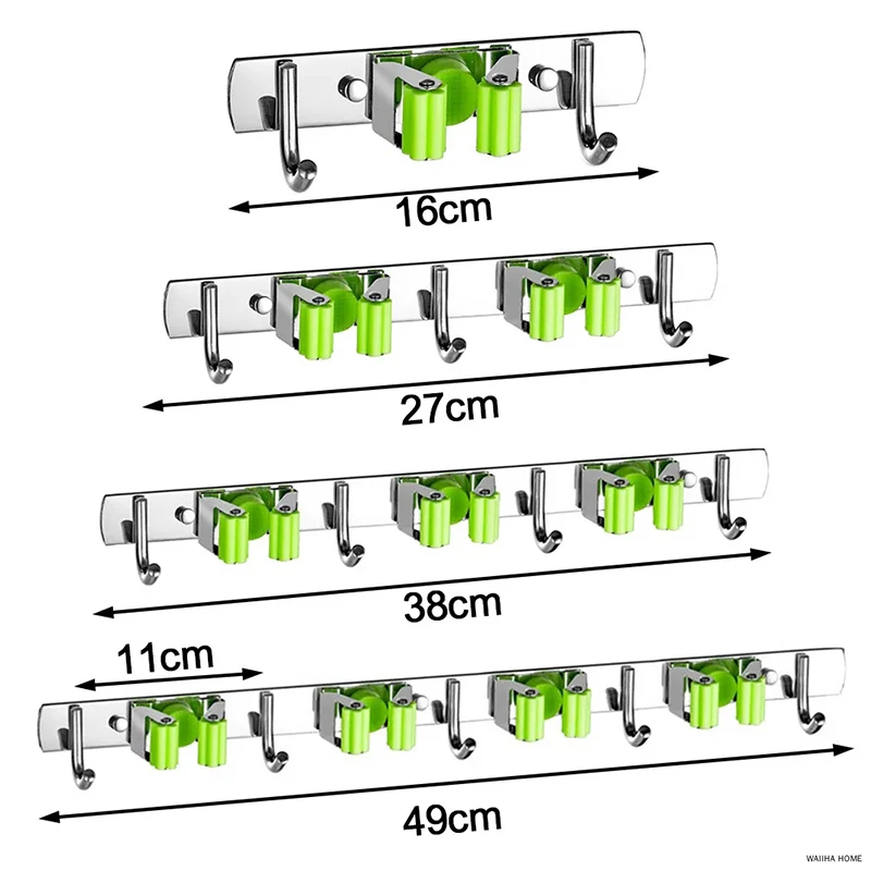 Wall Mounted Mop & Broom Holder with Hooks - No Drill Organizer for Kitchen & Bathroom