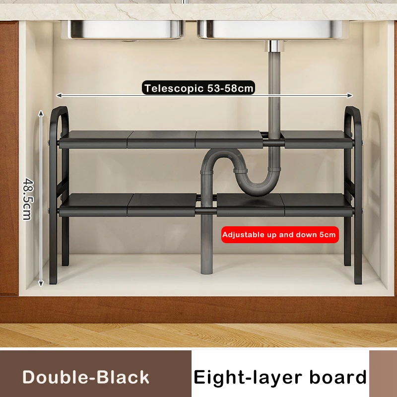Under Sink Expandable Storage Rack - Adjustable Multi-Tier Cabinet Organizer (Black / White)