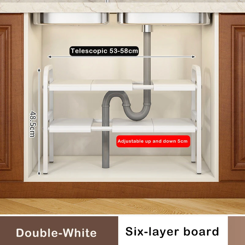 Under Sink Expandable Storage Rack - Adjustable Multi-Tier Cabinet Organizer (Black / White)