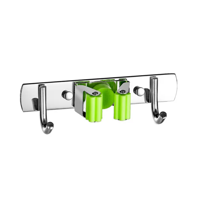 Wall Mounted Mop & Broom Holder with Hooks - No Drill Organizer for Kitchen & Bathroom