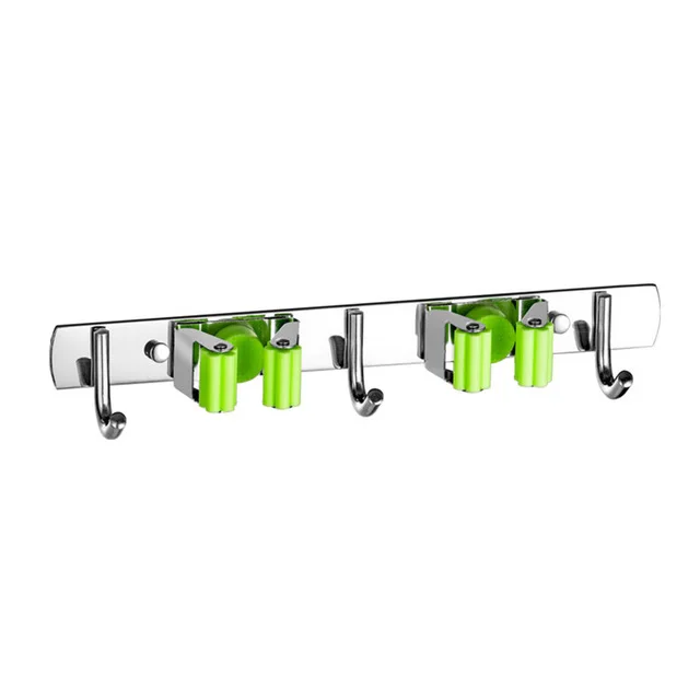 Wall Mounted Mop & Broom Holder with Hooks - No Drill Organizer for Kitchen & Bathroom