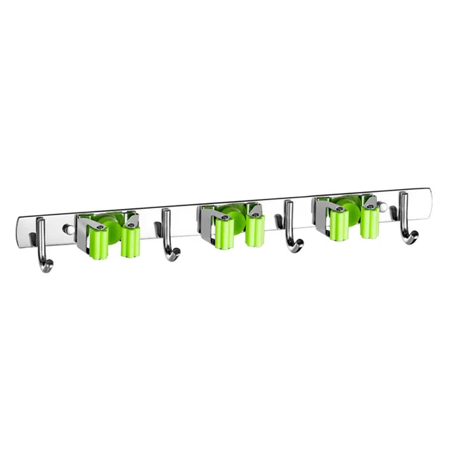Wall Mounted Mop & Broom Holder with Hooks - No Drill Organizer for Kitchen & Bathroom