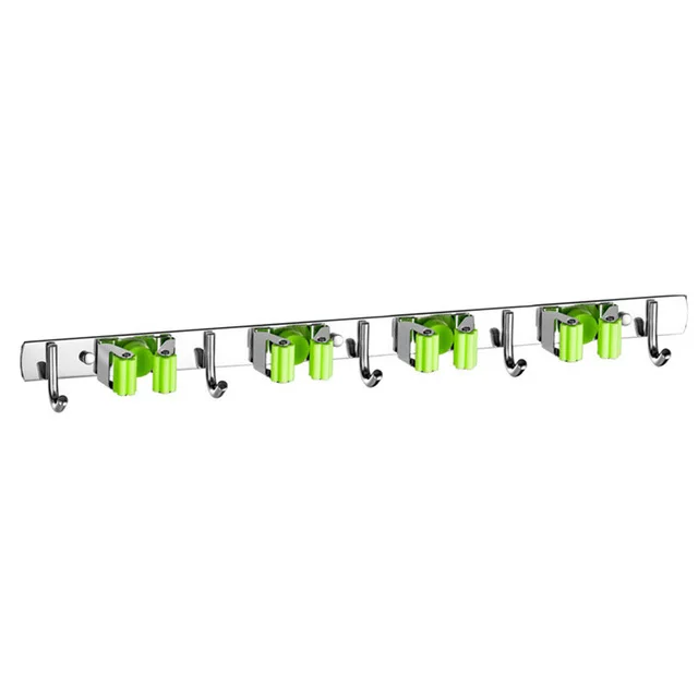 Wall Mounted Mop & Broom Holder with Hooks - No Drill Organizer for Kitchen & Bathroom
