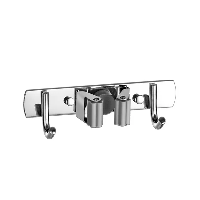 Wall Mounted Mop & Broom Holder with Hooks - No Drill Organizer for Kitchen & Bathroom