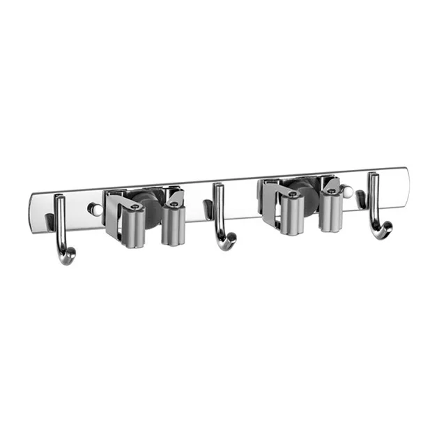 Wall Mounted Mop & Broom Holder with Hooks - No Drill Organizer for Kitchen & Bathroom