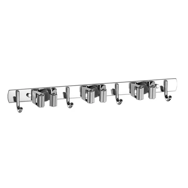 Wall Mounted Mop & Broom Holder with Hooks - No Drill Organizer for Kitchen & Bathroom
