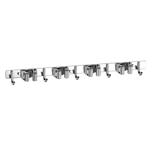 Wall Mounted Mop & Broom Holder with Hooks - No Drill Organizer for Kitchen & Bathroom